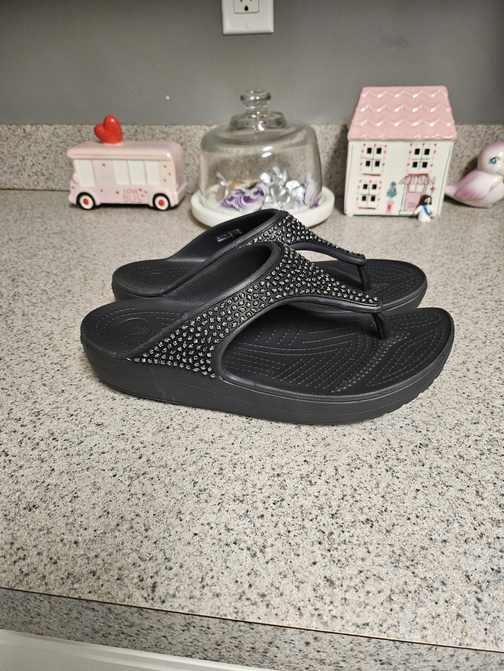 CROCS Black Wedge Flip Flop Sandals with Stud Embellishments - Picture 3 of 7